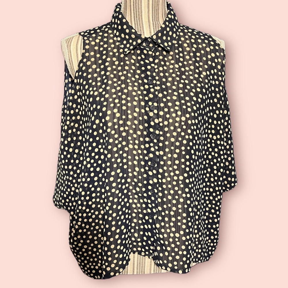 Navy Open Shoulder Button Down Blouse w/ Cream Polkadots